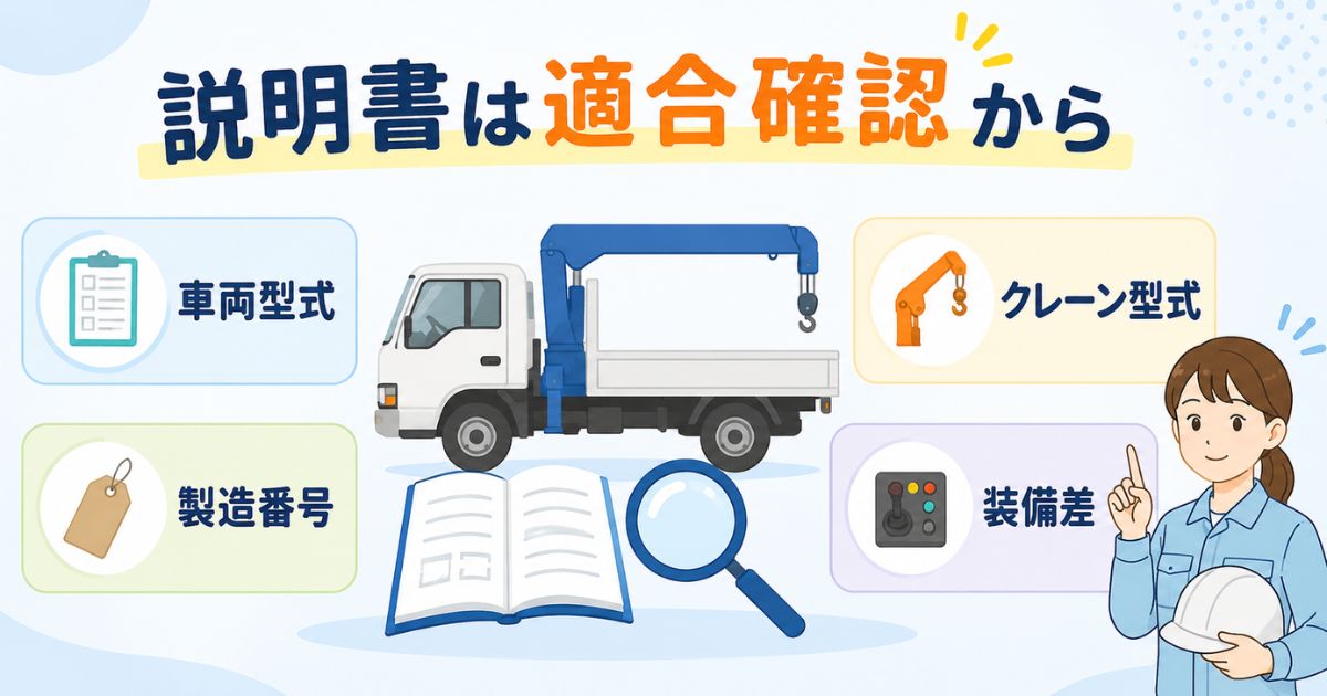 タダノユニックの取扱説明書を車両型式や装備差で適合確認する流れを示す図解
