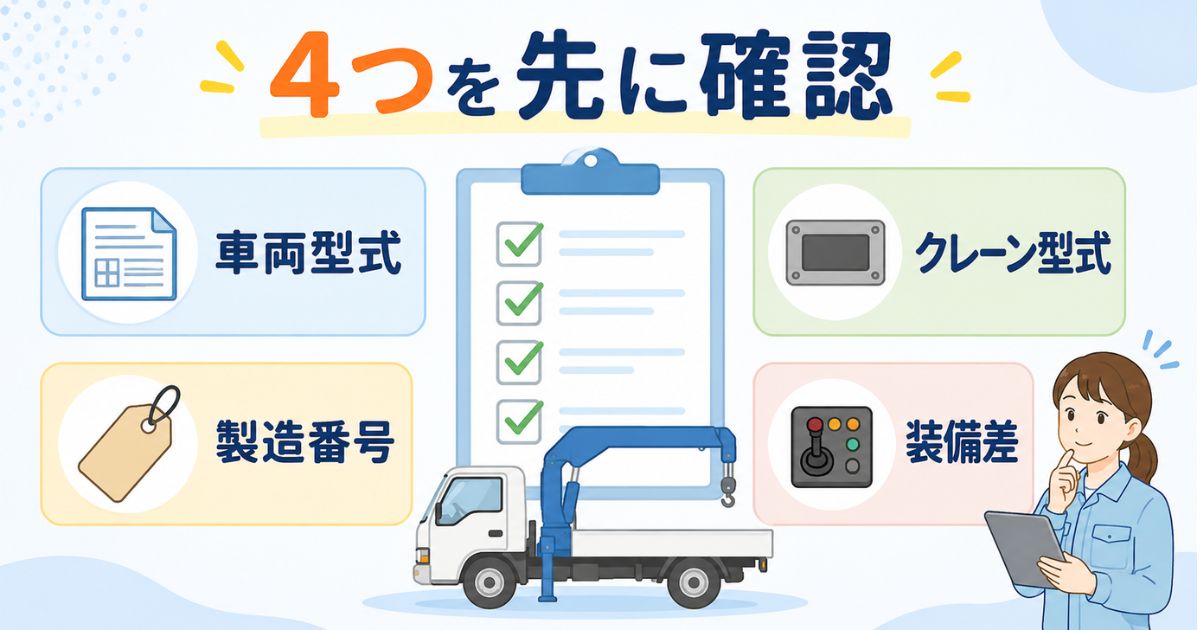 タダノユニックの取扱説明書を探す前に確認する車両型式・クレーン型式・製造番号・装備差の図解