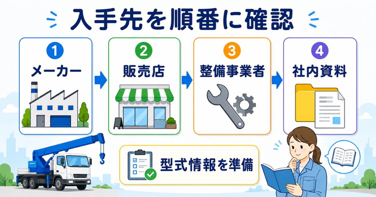 タダノユニックの取扱説明書をメーカー・販売店・整備事業者・社内資料の順に確認するフロー図