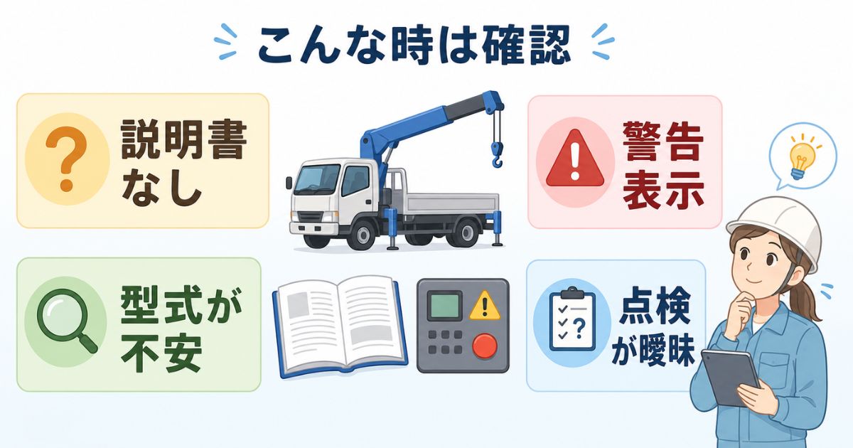 タダノユニックの取扱説明書がない場合や型式が不安な場面を整理した図解