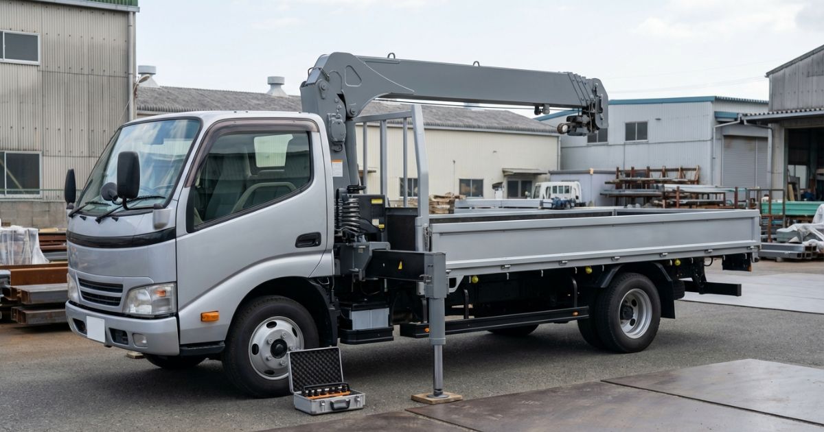 タダノ系ユニック車の現場でリモコン周波数設定前に安全確認しているイメージ