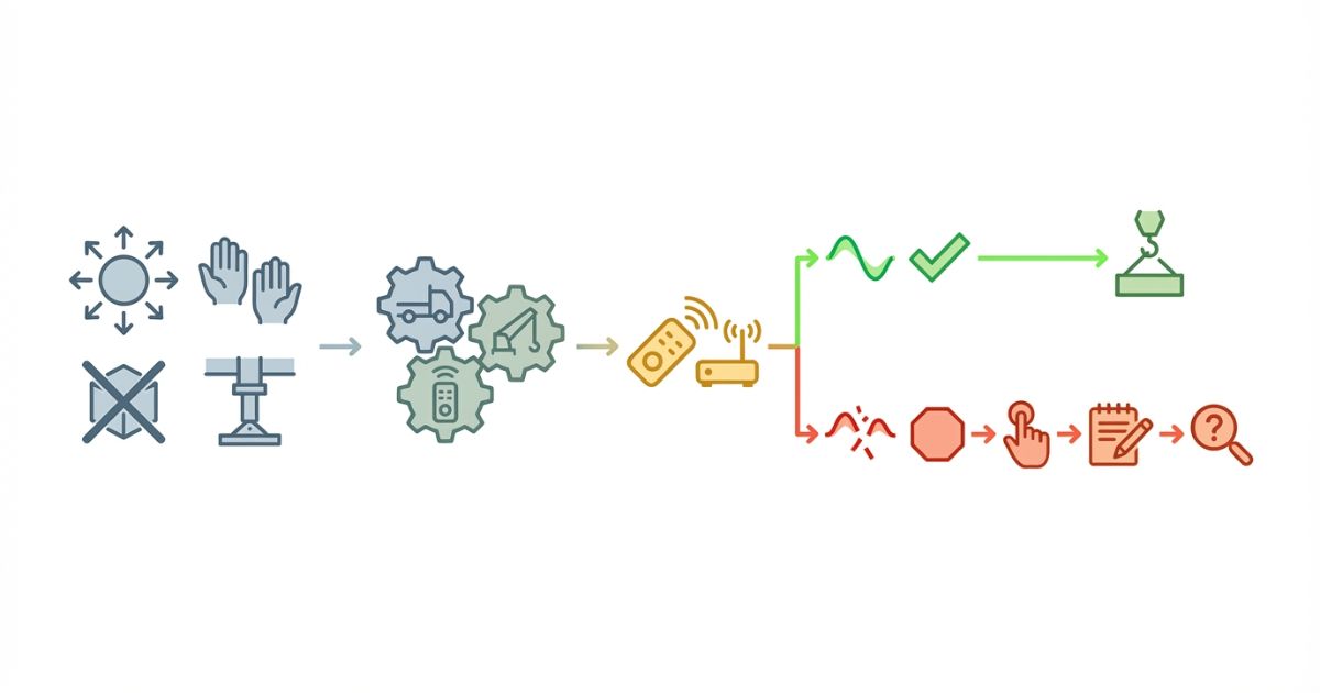 周波数設定を始める前に安全条件と照合を先に判定する流れを示す図解