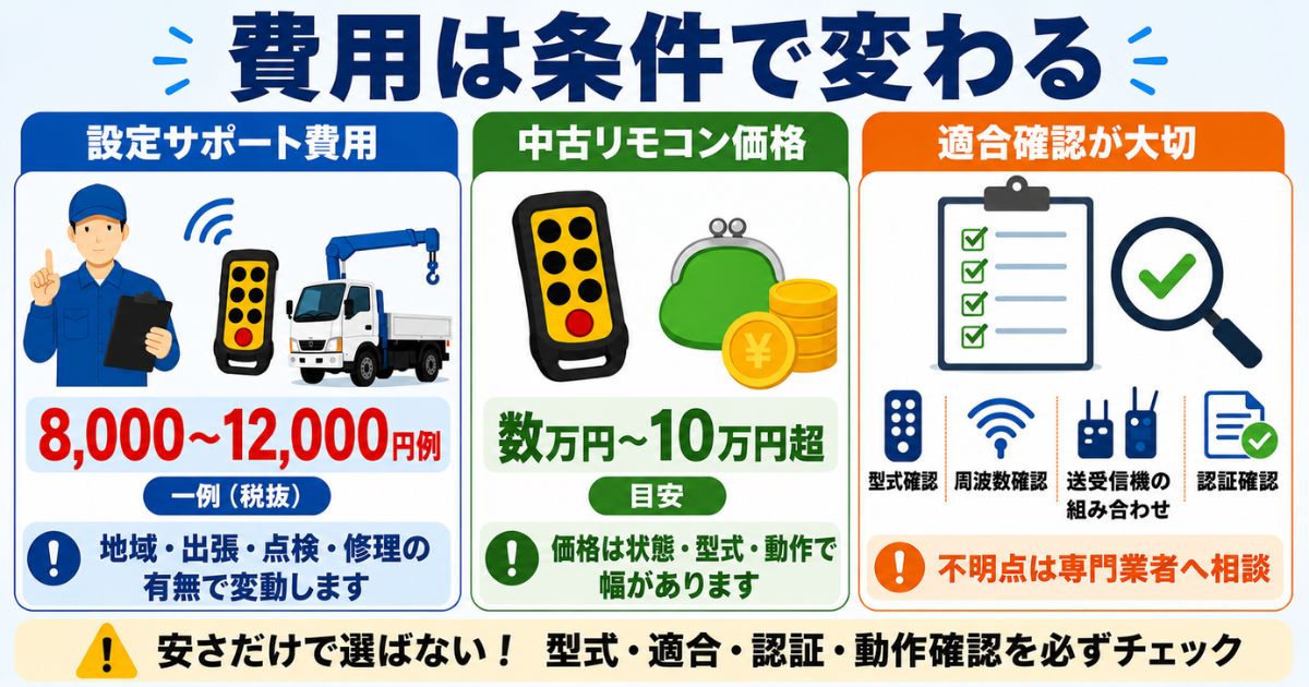 タダノユニックのリモコン周波数設定サポート費用と中古リモコン価格の目安を条件確認と合わせて示す図解