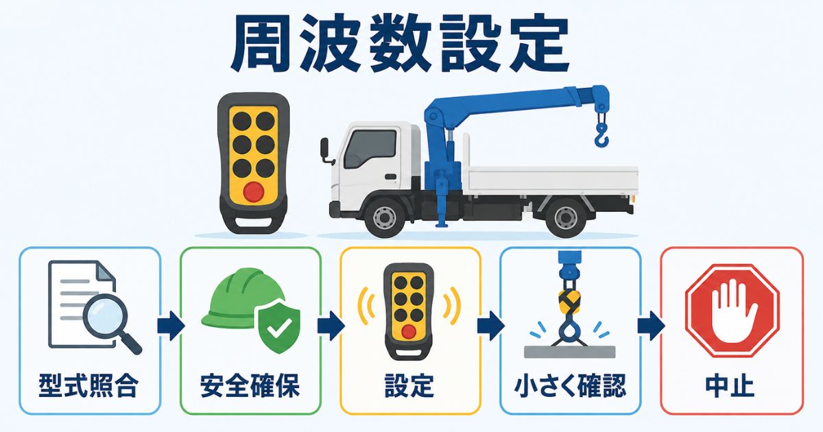 タダノユニックのリモコン周波数設定で型式照合と安全確認を行い不安定なら中止する流れを示す図解