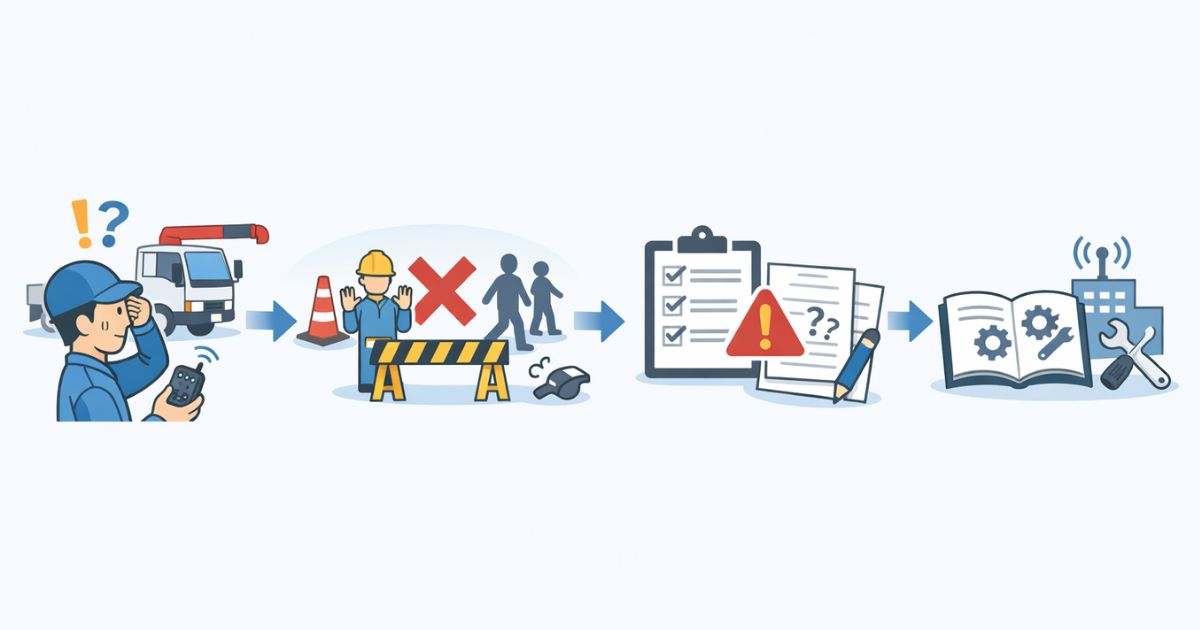 タダノユニックのリモコン反応不良時に中止して記録と確認へ切り替える流れを示す図解