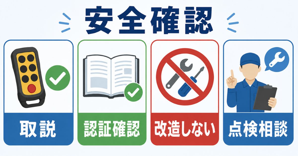 タダノユニックのリモコン周波数設定で取扱説明書と認証確認を行い改造を避ける注意点を示す図解