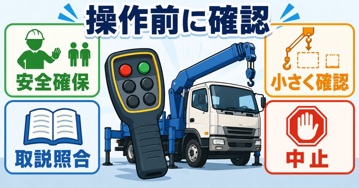 タダノユニックのリモコン操作前に安全確保と取説照合を行い異常時は中止する流れを示す図解