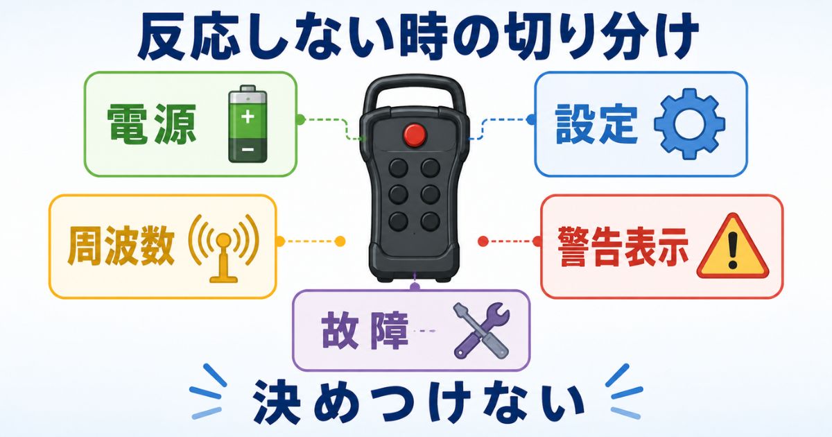 リモコンが反応しないときに電源、設定、周波数、警告表示、故障へ切り分ける図解