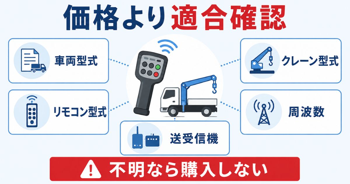 タダノユニックのリモコン購入で価格より適合確認を優先する判断軸を示す図解
