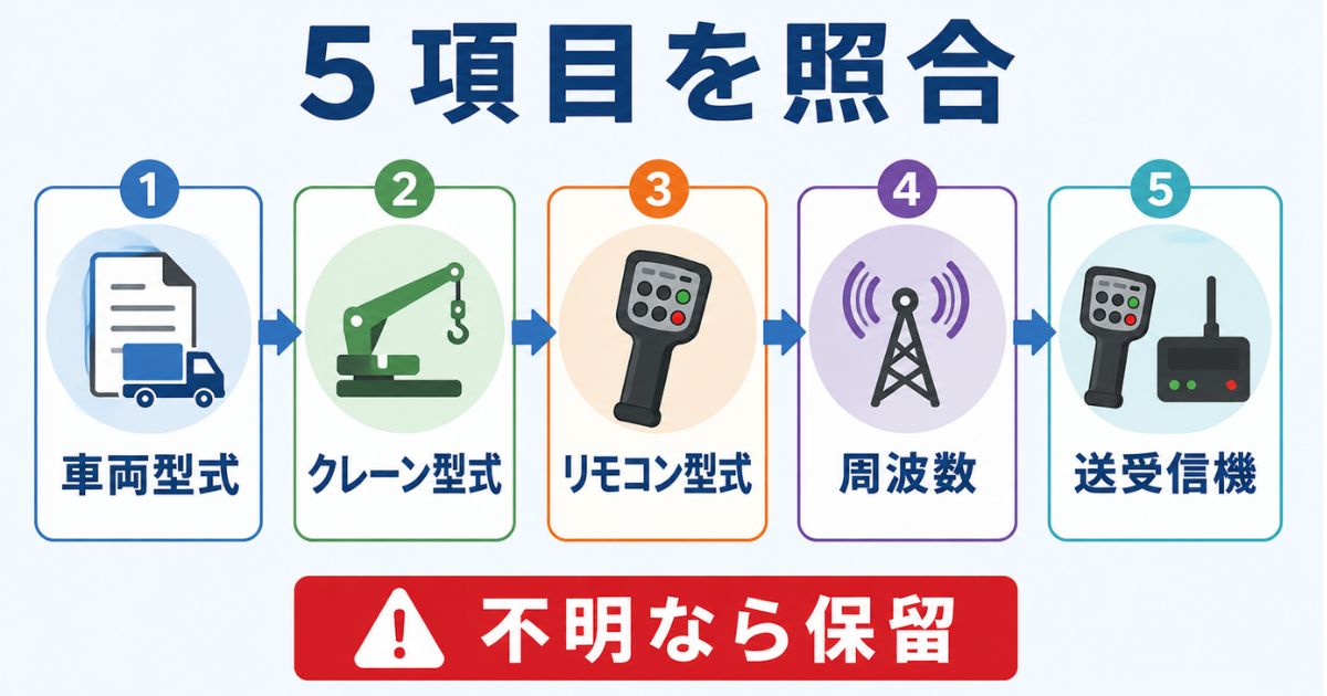 タダノユニックのリモコン購入前に車両型式クレーン型式リモコン型式周波数送受信機を照合する流れ