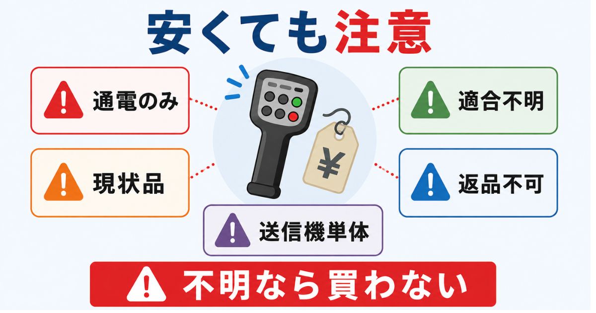 タダノユニックの中古リモコン購入で通電のみ現状品適合不明返品不可に注意する図解