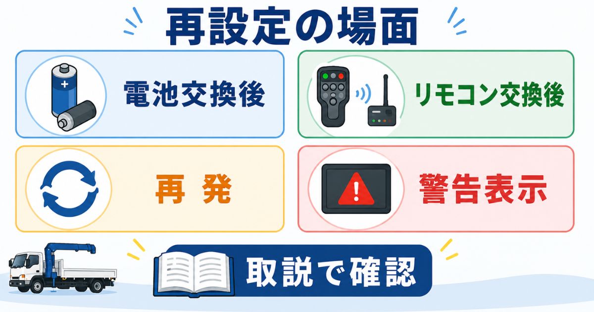 タダノユニックのリモコン初期設定と再設定が必要になりやすい場面を整理した図