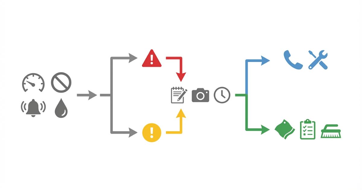 修理依頼前に停止判断と症状整理を行い自社範囲と依頼範囲を分ける図解