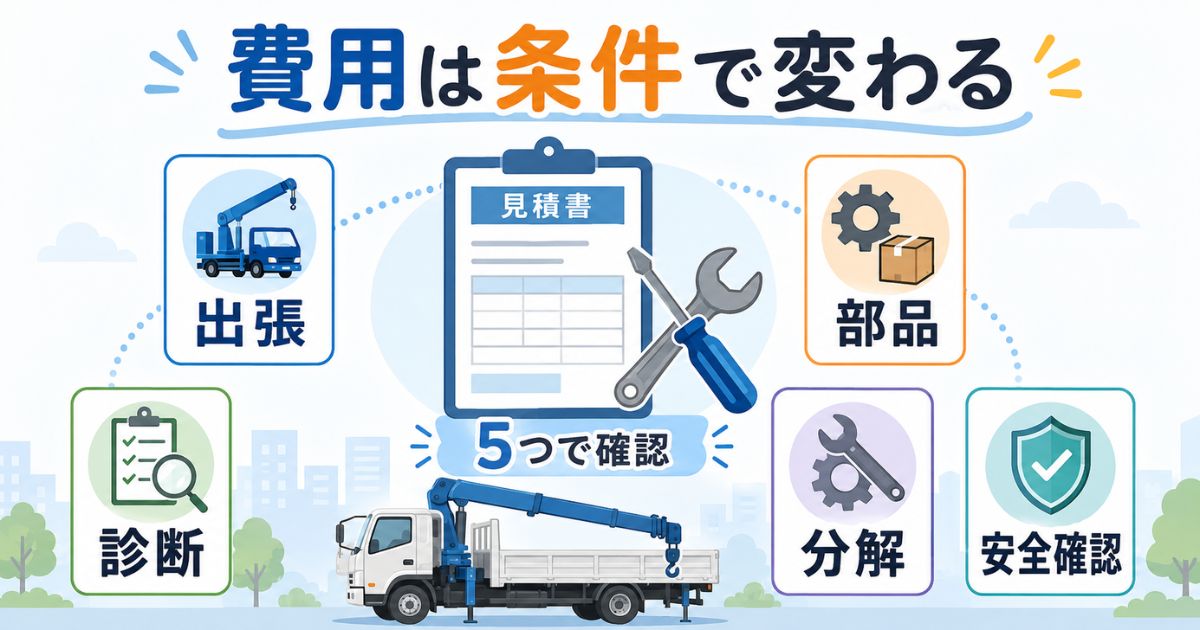 タダノユニック修理費が出張診断部品分解安全確認で変わることを示す図解