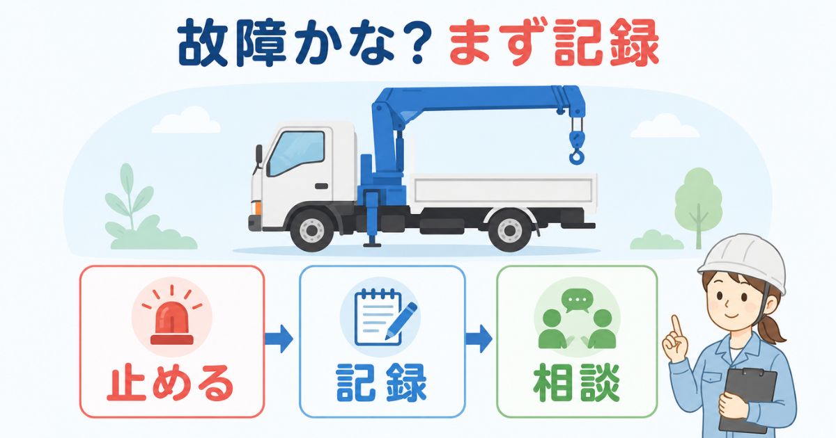 タダノユニック修理前に止める記録する相談する流れを示すアイキャッチ図解
