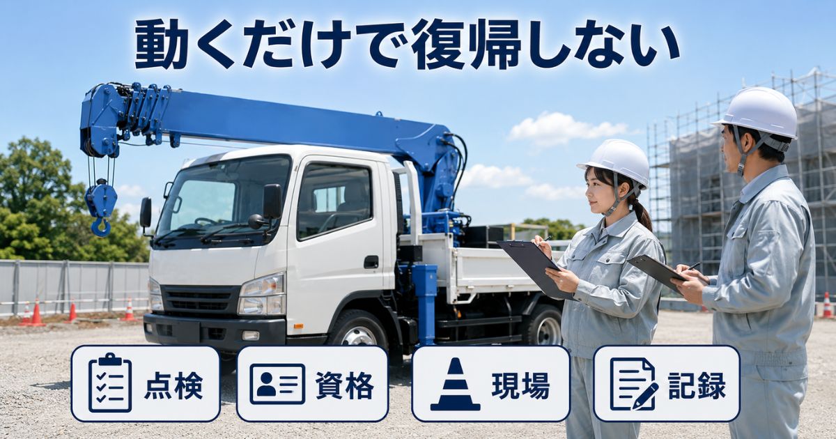 修理後のクレーン付きトラックで点検資格現場記録を確認する写真風イメージ