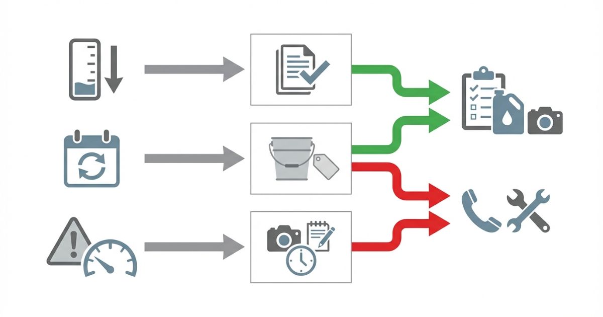 作動油はメーカー指定を基準に補充・交換・不具合対応を分けて判断する図解