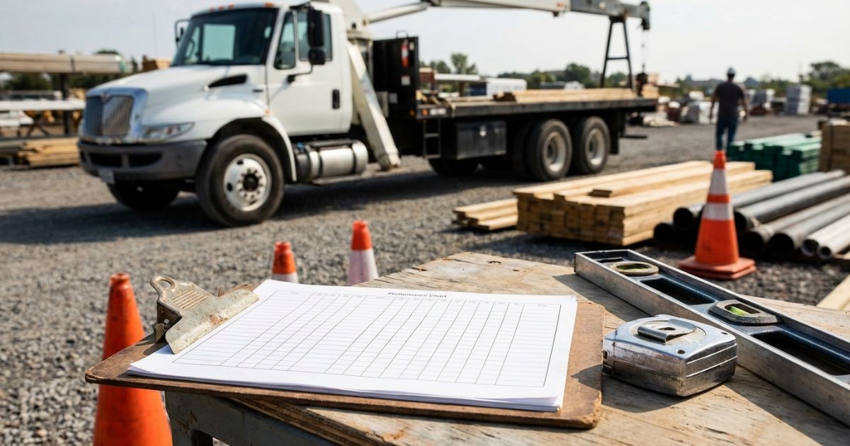 ユニック車の性能表を確認しながら作業半径と吊り能力を検討する現場イメージ