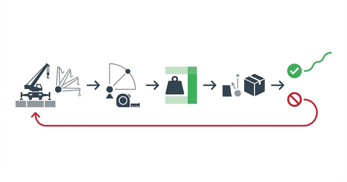 性能表を条件込みで読み作業半径と吊り能力を判断する流れの図解
