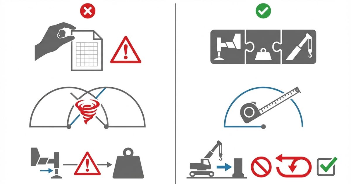  最大値の誤解や半径の読み違いなど性能表の失敗例と回避策の対比図解