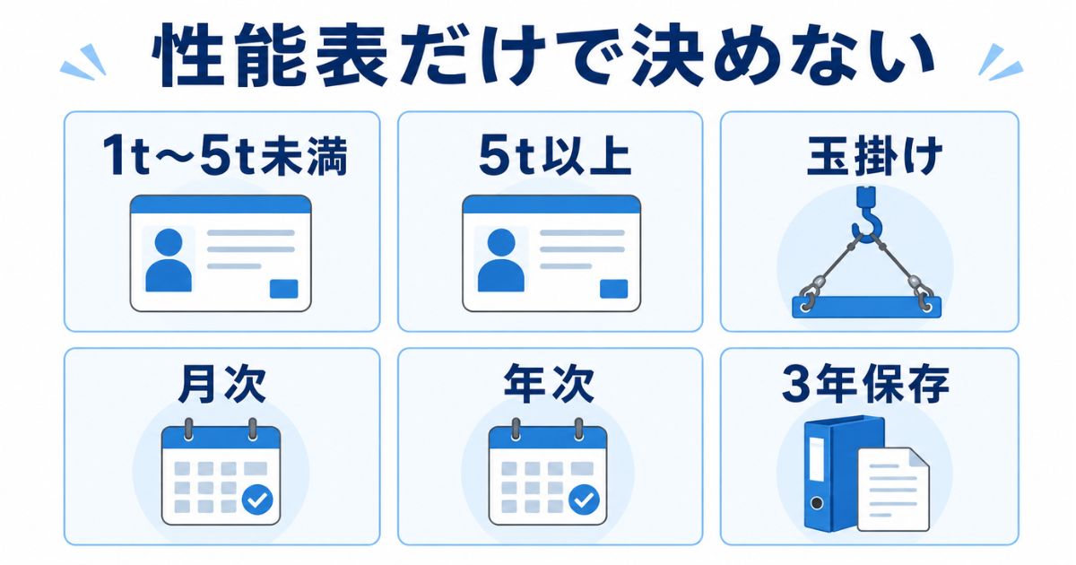 タダノユニックの性能表だけで判断せず資格・点検・記録を確認する必要があることを示した図解
