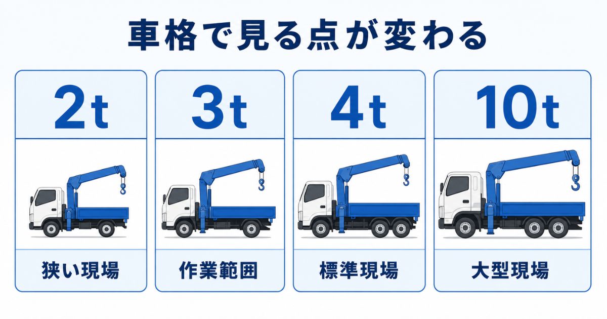 タダノユニックの2t・3t・4t・10tで性能表の確認ポイントが変わることを示した図解