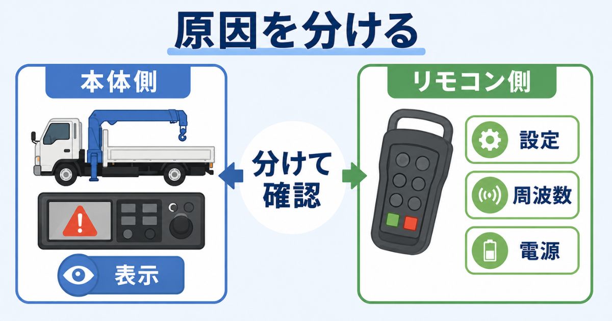 タダノユニックのリモコン不調時に本体側とリモコン側を分けて確認する図