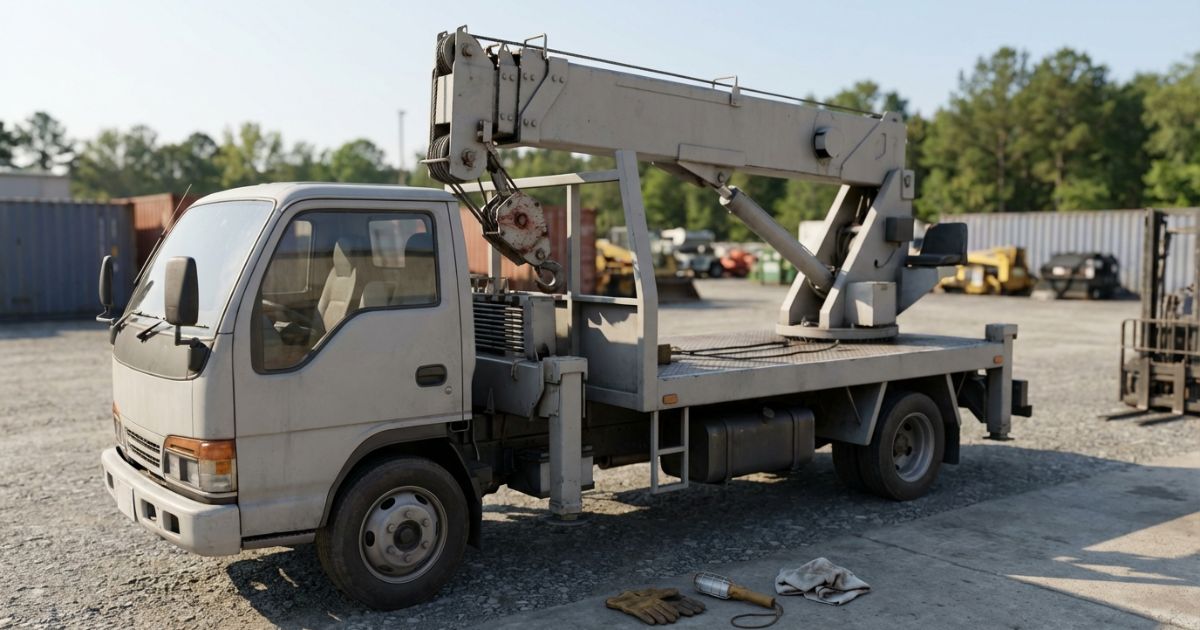 ユニック車のワイヤーロープを点検し交換準備をする現場イメージ