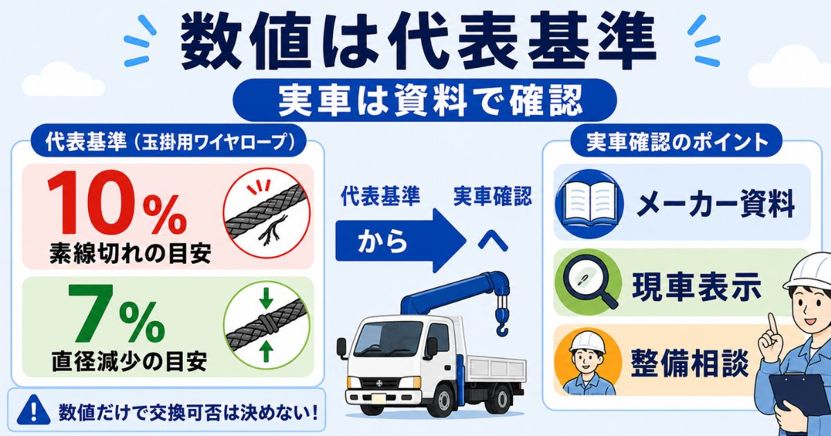 玉掛用ワイヤロープの10%7%代表基準と実車確認の違いを示す図解