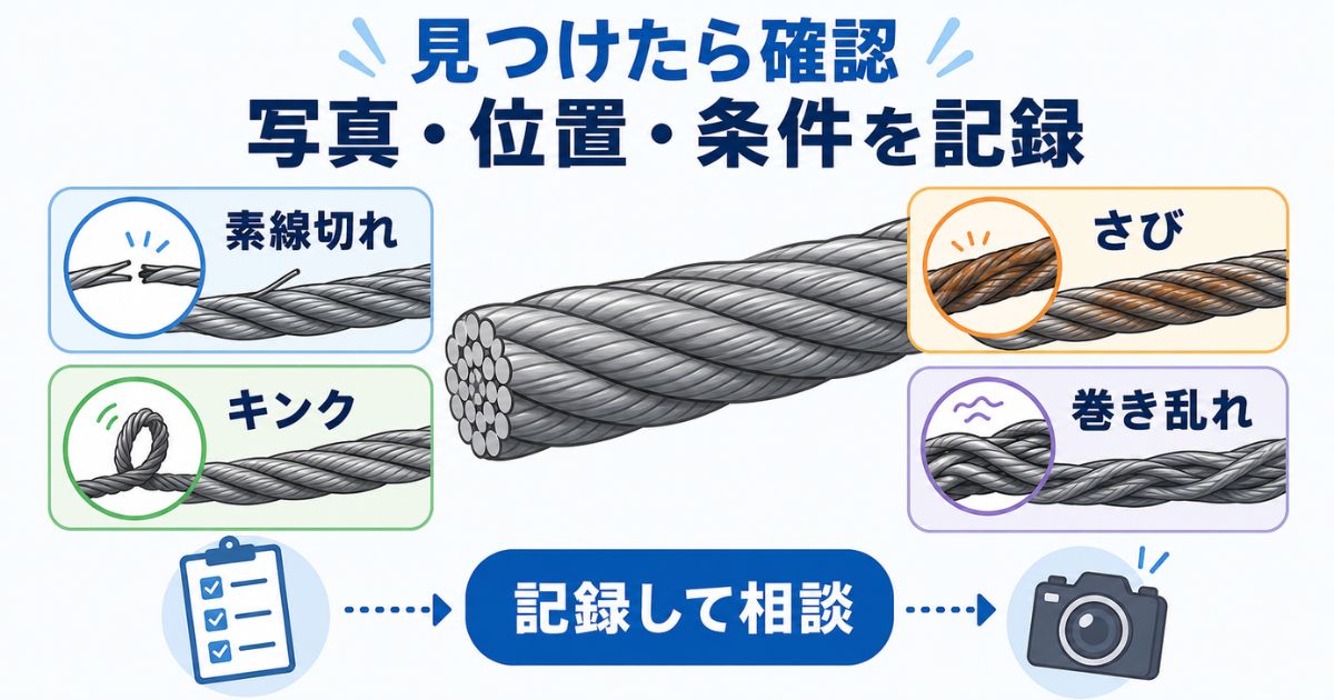 素線切れキンクさび巻き乱れを見つけたら記録して相談する流れの図解