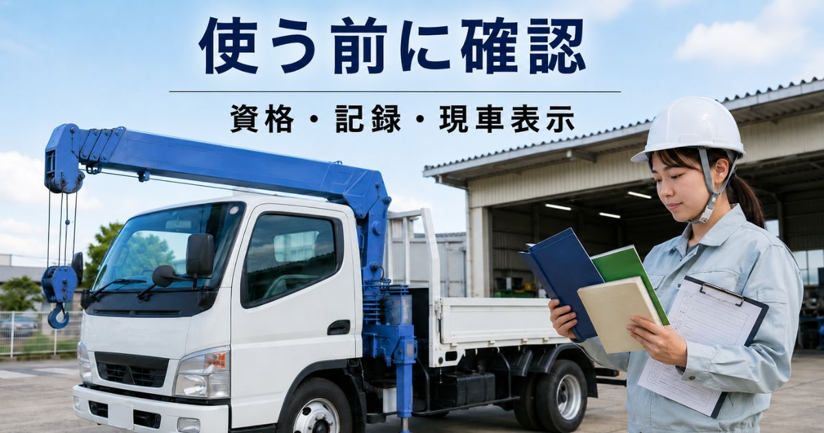 クレーン付きトラックの使用前に資格記録現車表示を確認するリアルな写真風画像