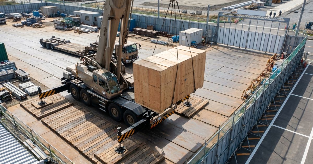 100tクラスの超大型トラッククレーンが敷板とアウトリガーを最大展開して巨大重量物を吊り上げる現場の写真イメージ