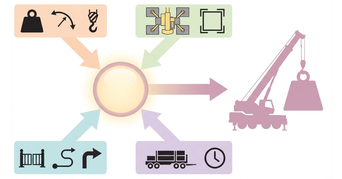 100t級は重量だけでなく半径と吊り方と現場条件と運用条件が揃って成立することを示す文字なし図解