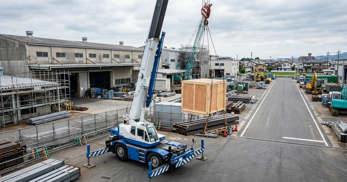 10tクラスのトラッククレーンが中型現場で重量物を安全に荷役している作業風景