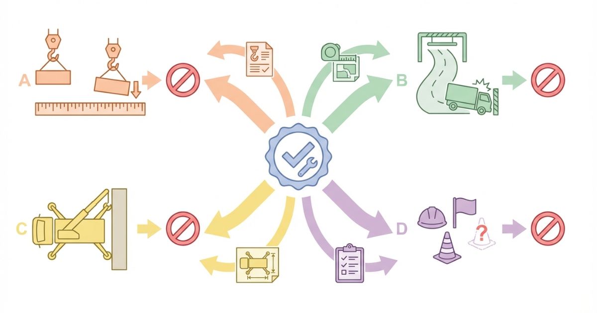 能力誤認や進入設置不可や体制不足で止まる導入リスクと回避を示す文字なし図解