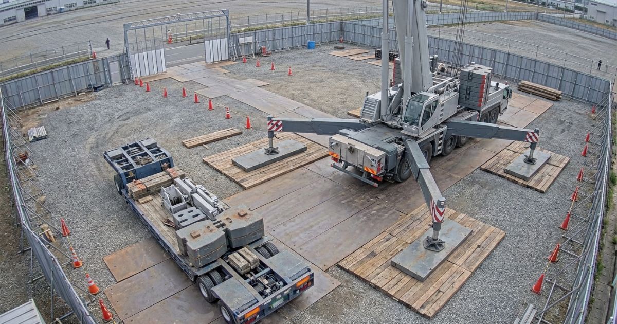 120t級の揚重ではクレーン本体だけでなく分解輸送や敷板養生など搬入と設置段取りが必要になる現場の写真イメージ