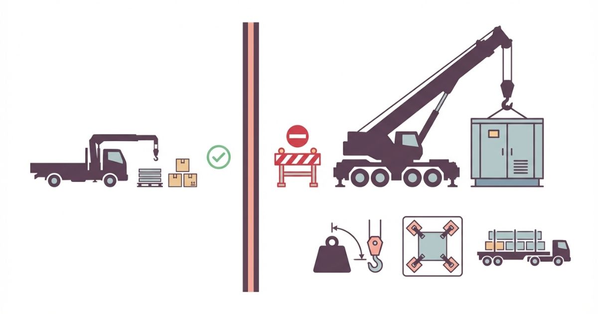  トラッククレーンと120t級作業の線引きと成立条件の3点セットを示す文字なし図解 荷重だけで進めて搬入路や設置スペースや地盤養生で当日に詰む分岐と回避を示す文字なし図解