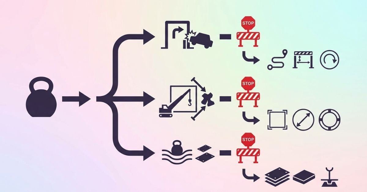 荷重だけで進めて搬入路や設置スペースや地盤養生で当日に詰む分岐と回避を示す文字なし図解