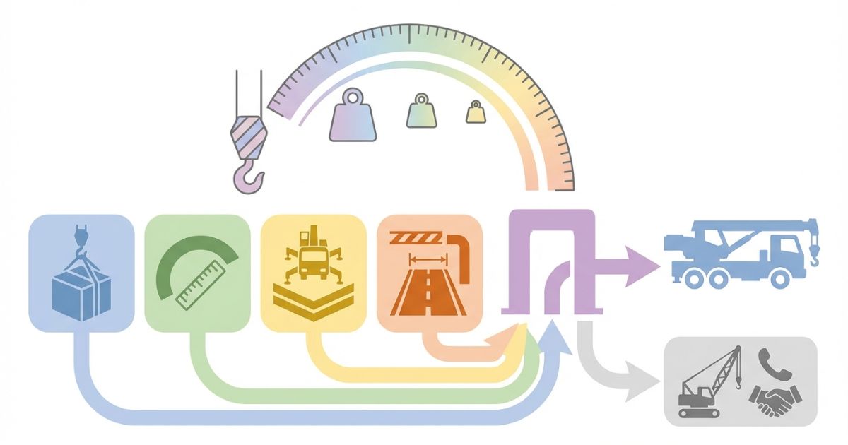  作業範囲は作業半径と吊り能力の組み合わせで決まり16tは条件適合時のみ有効と示す文字なし図解