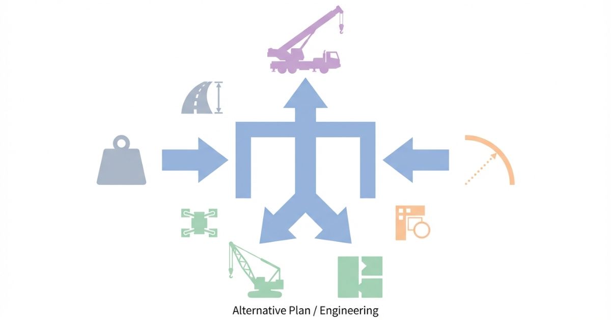 必要吊り能力と作業半径を主判断軸に200tを選ぶか別案にするかを示す文字なし図解