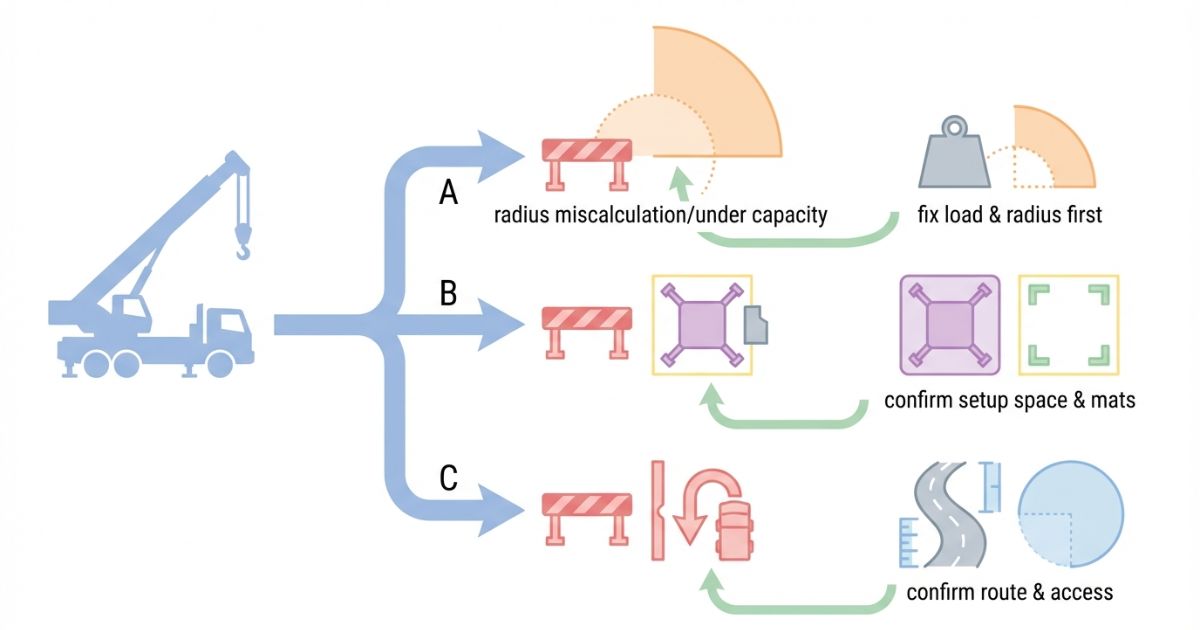 機種を先に固定して半径や据付や進入条件の見落としで当日詰む分岐と回避を示す文字なし図解