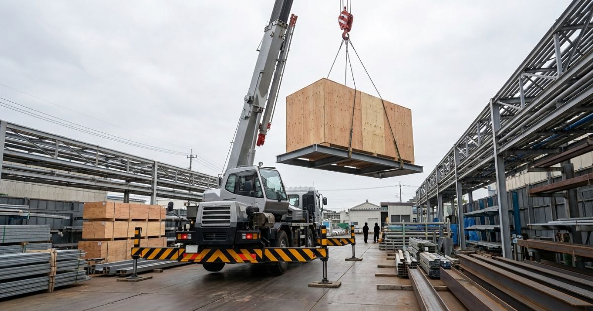 20tクラスのトラッククレーンが中規模現場で重量物を安全に吊り上げる作業風景