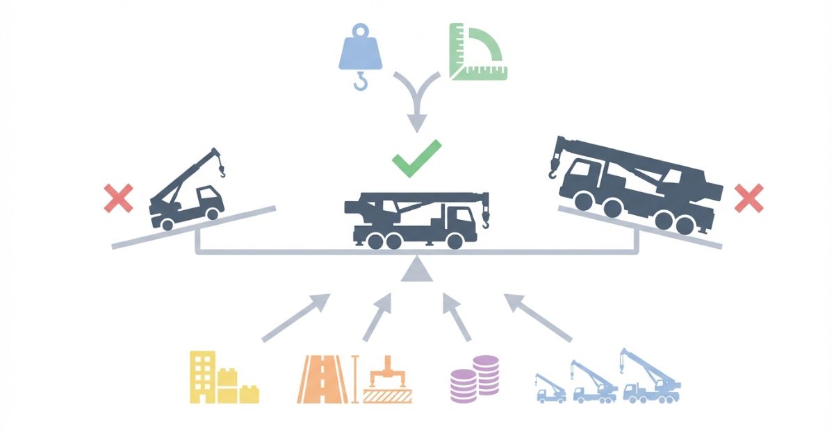 20tは吊り能力と作業半径を主軸に現場条件とコストで適正判断することを示す文字なし図解