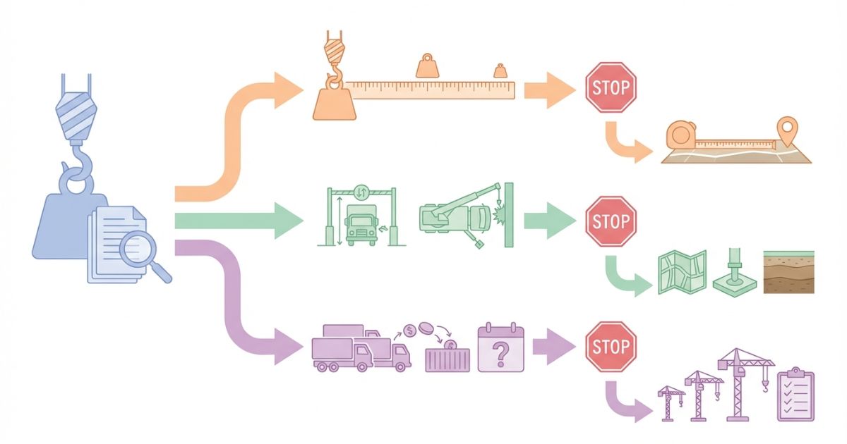 最大吊り上げ荷重だけで選定して半径や進入設置や過剰手配で失敗する分岐と回避策を示す文字なし図解