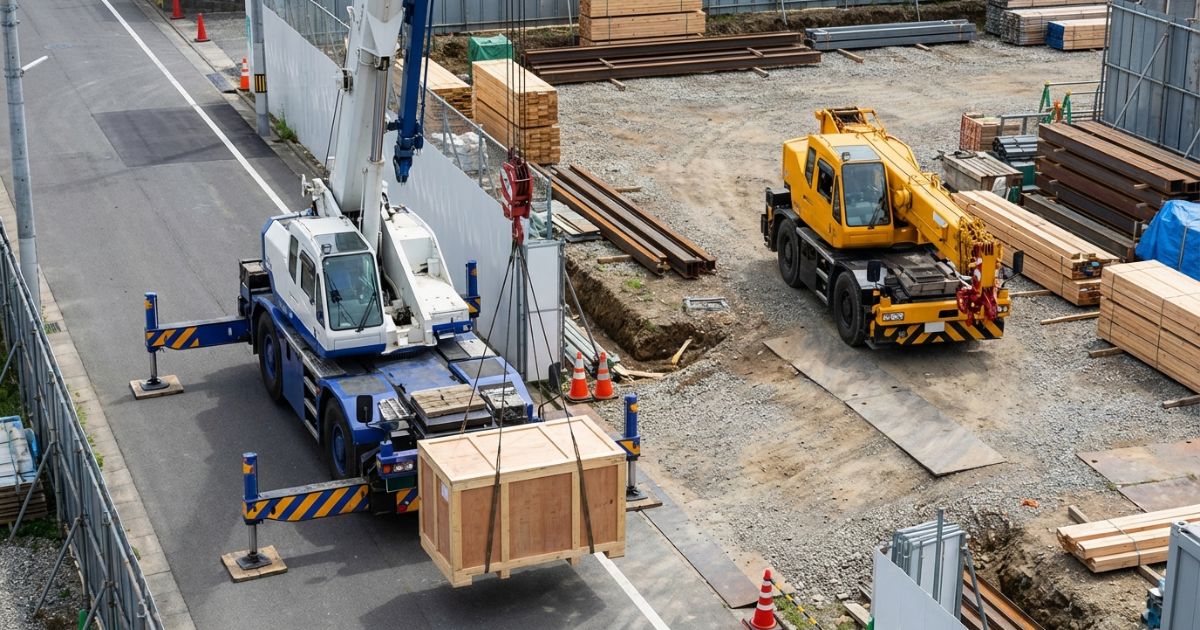 25tトラッククレーンと25tラフターの得意条件が現場環境の違いで伝わる比較イメージ写真