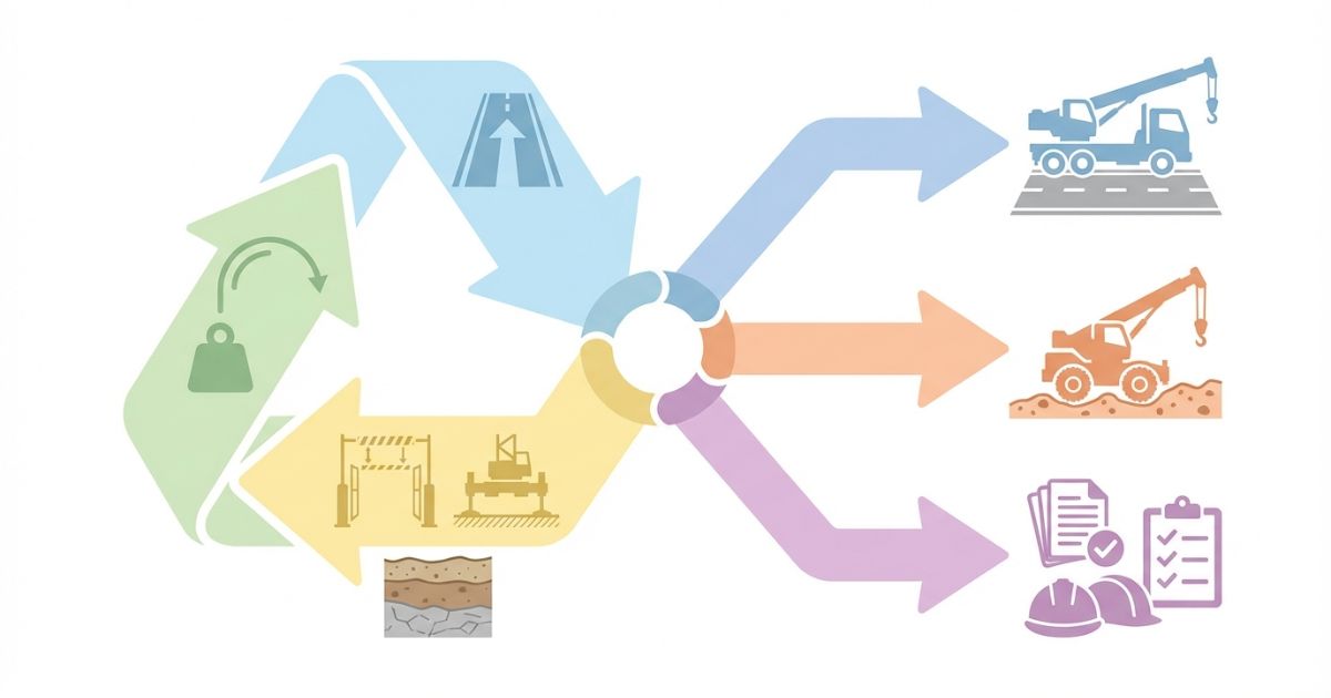 移動と実作業半径での吊上能力と現場制約から25tの住み分けを判断する文字なし図解