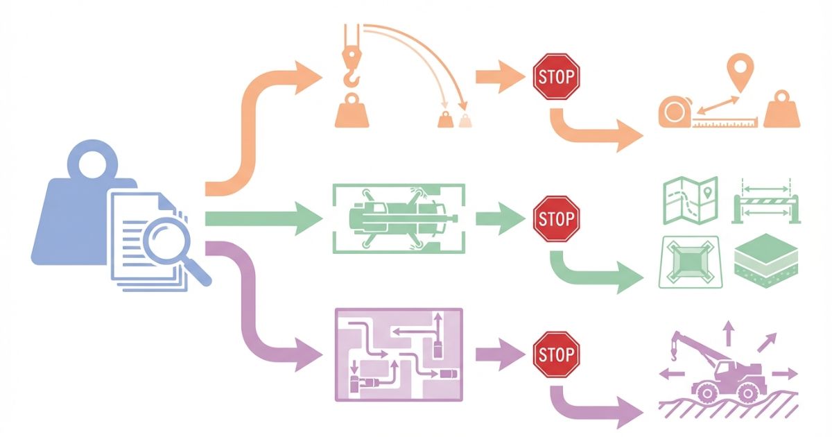 トン数だけで選定して半径不足や据え付け不可や現場内自由度不足で失敗する分岐と回避策の文字なし図解