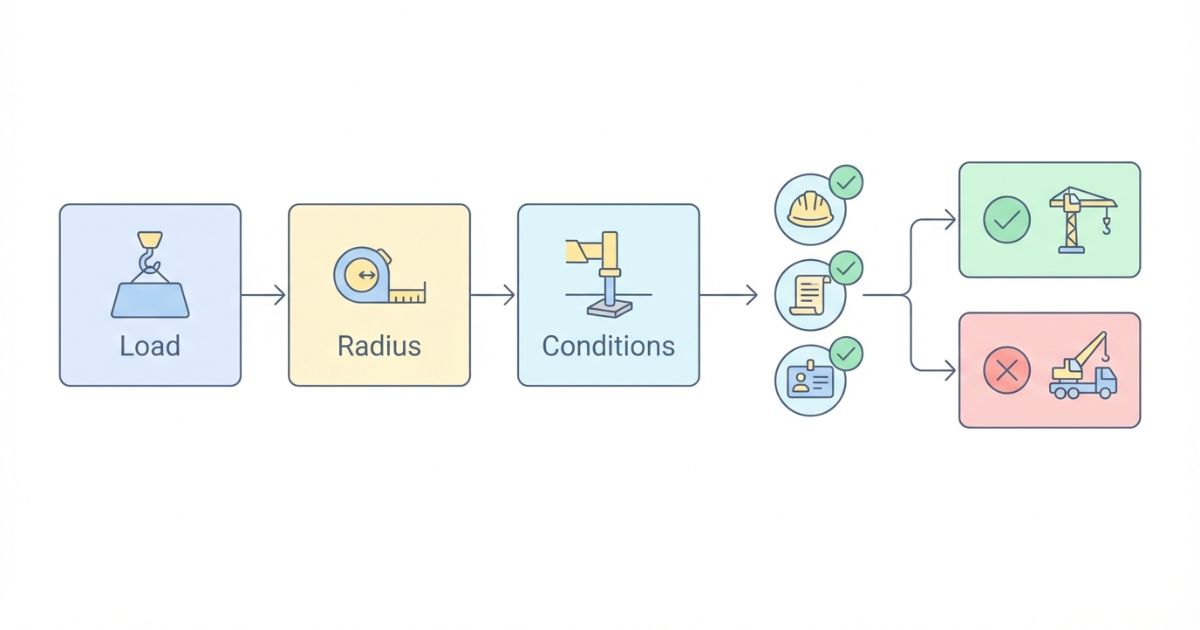  2tトラッククレーンを選ぶ判断軸を条件分岐で整理した文字なし図解