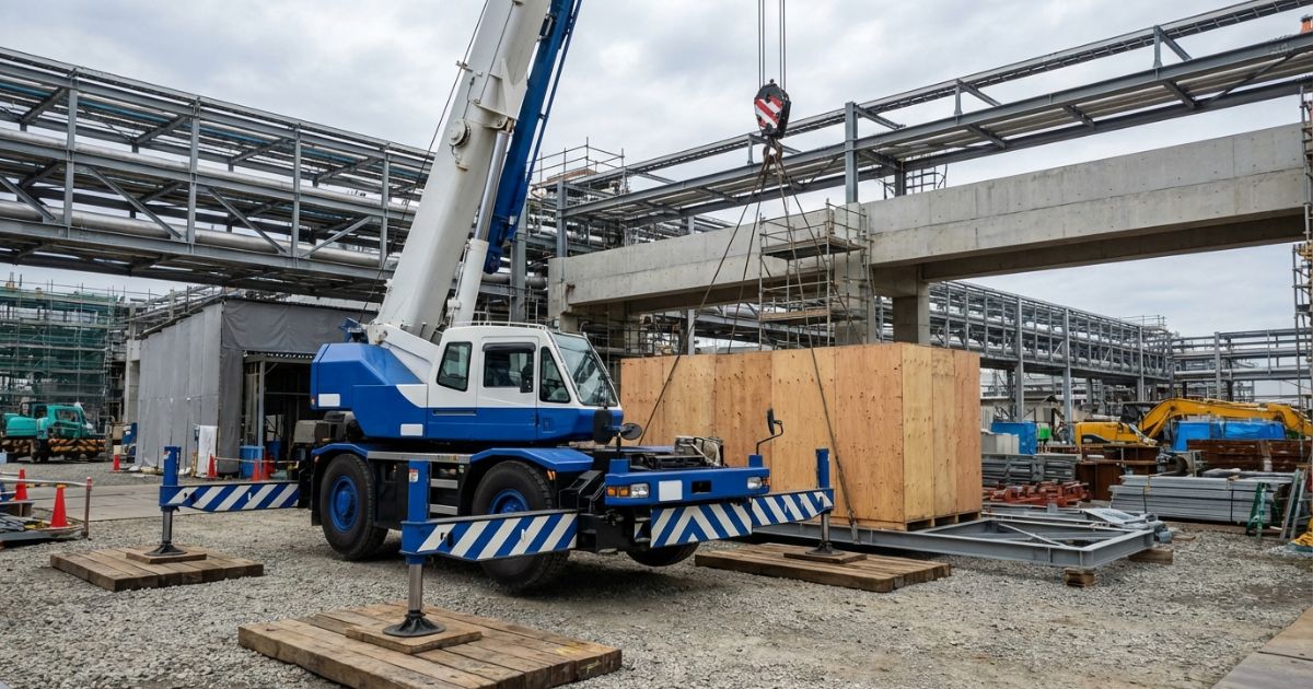 35tトラッククレーンが大型現場で敷板とアウトリガーを展開し重量物を安定して吊る写真イメージ