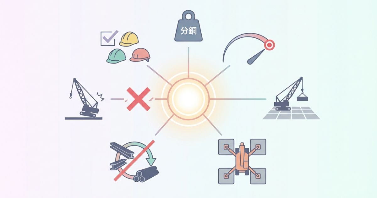  35tが有効かどうかを吊り能力と作業半径と設置条件と干渉制約と運用体制で判断する文字なし図解
